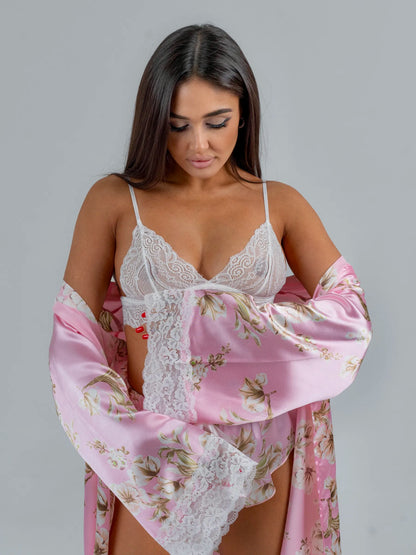 Conjunto BabyDoll e Robe Wild Lace Rosé